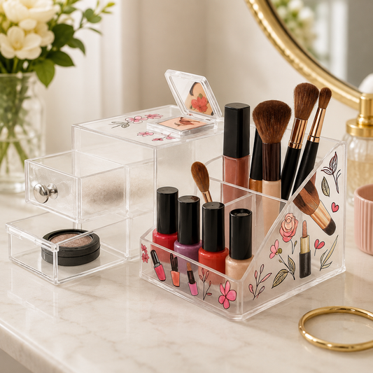 Clear Beauty Organizer – Multi-Slot Floral Makeup Holder with Drawer