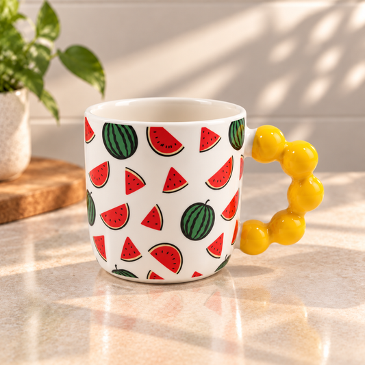 Cute Fruit Print Ceramic Coffee Mug with Beaded Handle – Colourful Tea & Coffee Cup