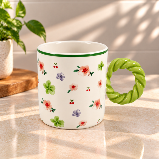 Floral Ceramic Coffee Mug with Twisted Handle – Colourful Tea & Coffee Cup