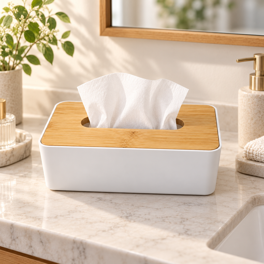 Tissue Box White, Black Wood Top