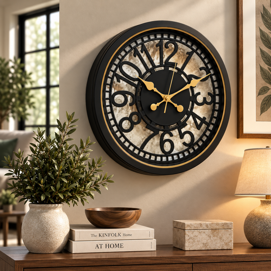 Heritage Retro Wall Clock 15 Inch – Black & Gold Vintage Design with Ornate Center and Raised Numerals (Plastic)