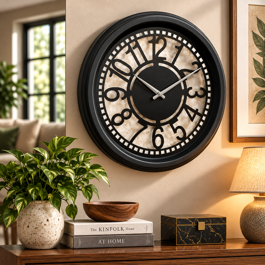 CAMBRIDGE Wall Clock – Black Plastic Frame with Cutout Numerals and Marbled Dial