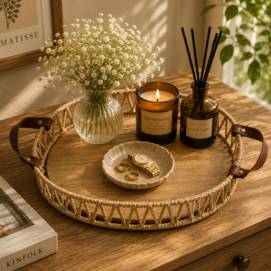 Small Handwoven Natural Decorative Tray with Wooden Base & Leather Handles – 10 x 14 Inch