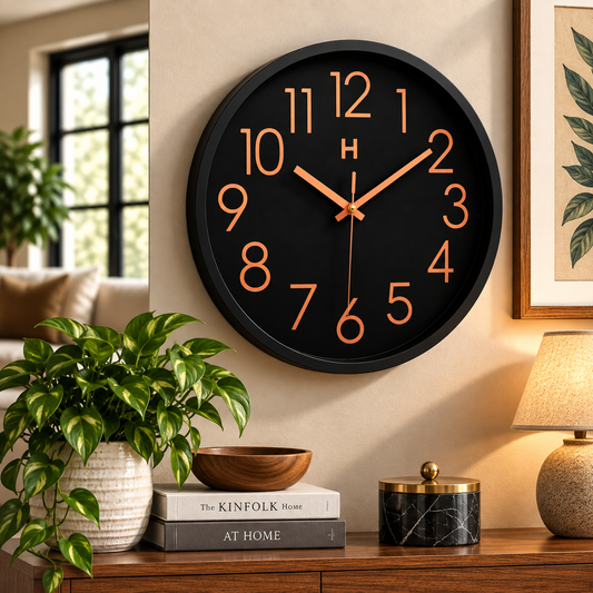 Heritage Bradford Wall Clock 14.5 Inch – Black Dial with Copper-Tone Numerals & Modern Minimal Design (Plastic)