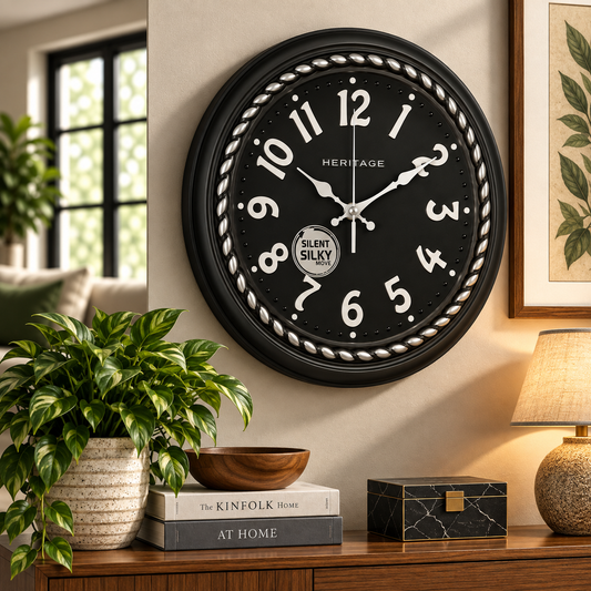 Heritage Hazel Wall Clock 14.5 Inch – Classic Black Finish with Silver Numerals & Beaded Detail (Plastic)