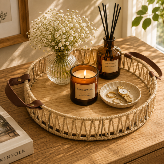 Small Handwoven Natural Decorative Tray with Wooden Base & Leather Handles – 11.5 Inch