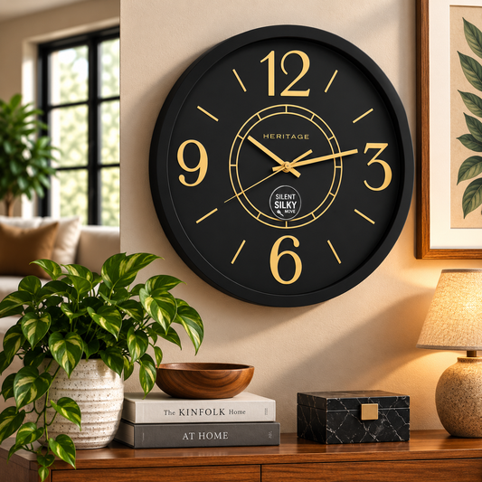 Heritage Bradford Wall Clock 14.5 Inch – Modern Black Dial with Gold Accents & Elegant Minimal Design (Plastic)