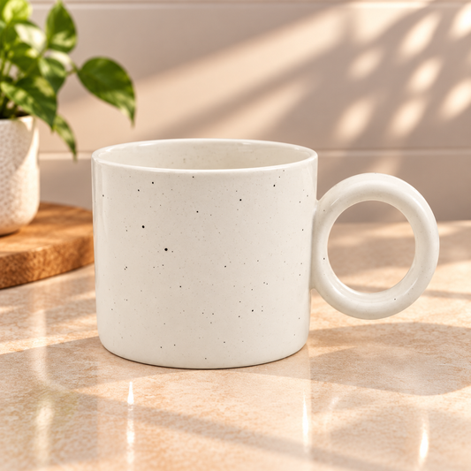 White Ceramic Mug with Round Handle – 450ml Minimalist Speckled Coffee & Tea Mug