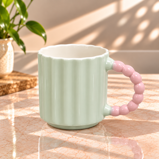 Pastel Ribbed Ceramic Coffee Mug with Beaded Handle – Cute Tea & Coffee Cup