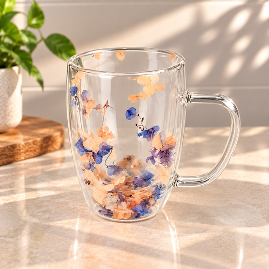 Lavender Floral Glass Mug 450ml | Elegant Transparent Coffee & Tea Cup