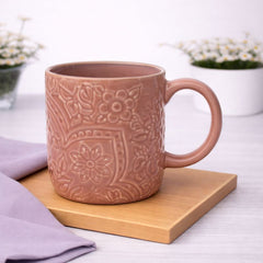 Brown Embossed Ceramic Mug 3 x 4 Inch – Rustic Stoneware Coffee Mug - Habitt