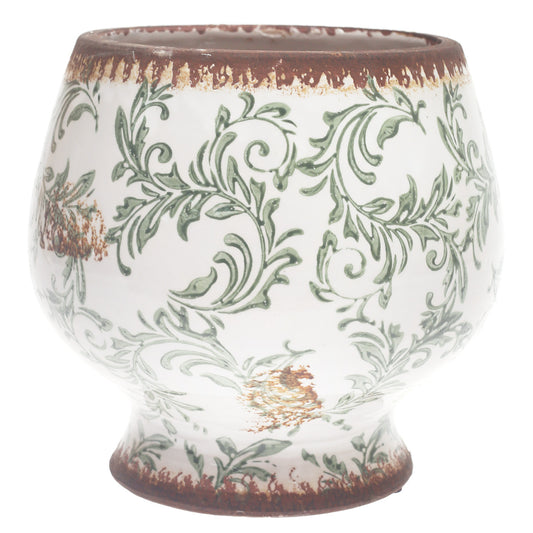 White & Green Printed Ceramic Planter – Decorative Floral Design Pot for Indoor & Outdoor Plants (9.34 x 9.34 x 8 Inch) - Habitt