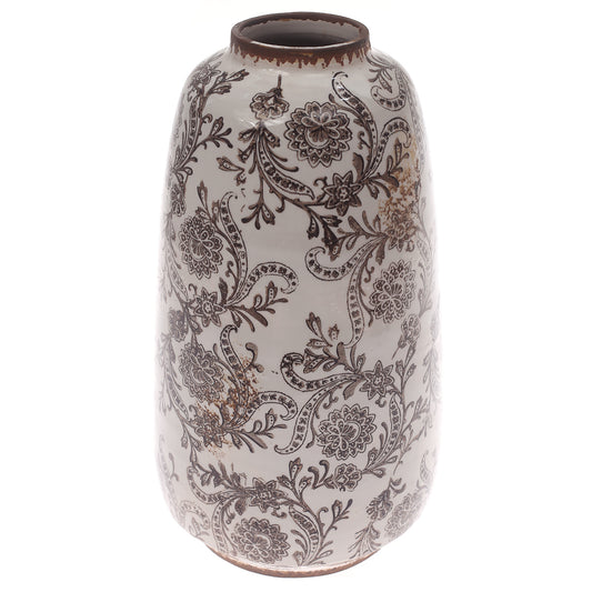 Ceramic Vase Printed White & Brown 7 X 7 X 12 Inch TYX032 - Habitt