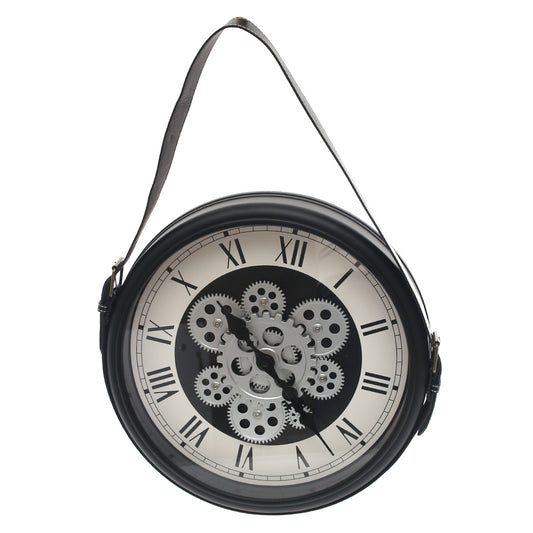 Industrial Gear Design Black & White Wall Clock with Hanging Strap (Model 191) - Habitt