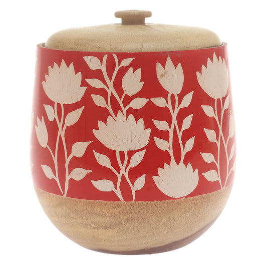 Handcrafted Naqshi Art Storage Jar with Orange & White Floral Design - Habitt
