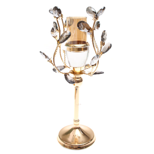 Gold & Grey Crystal Pillar Candle Holder – 12×37 cm (Medium) - Habitt