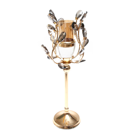 Gold & Grey Crystal Pillar Candle Holder – 12×40 cm (Large) - Habitt
