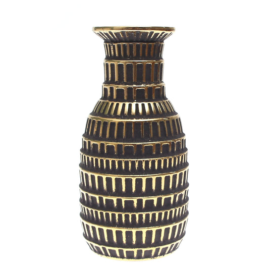Elegant Dark Charcoal Grey & Gold Decorative Vase – Textured Box-Pattern Accent (Small) - Habitt