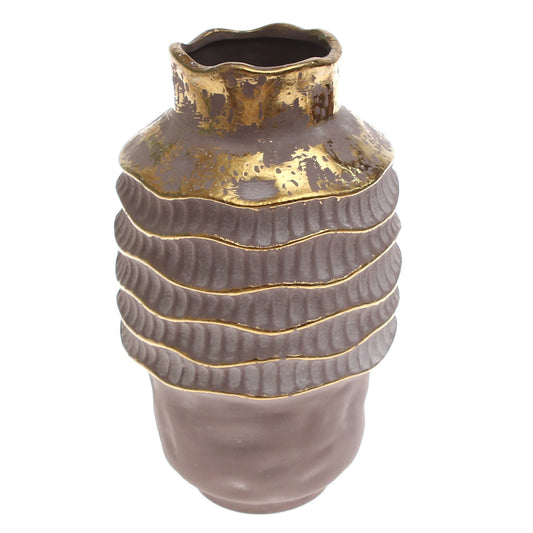 Grey & Golden Round Textured Ceramic Vase - Habitt
