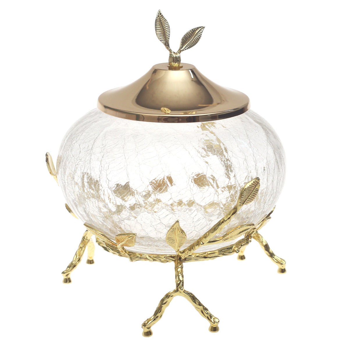 Gold Console Decorative Jar with Crackle Glass & Leaf Lid – 6 x 8 Inch Luxury Accent Piece - Habitt