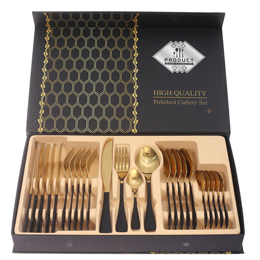24Pcs Cutlery Set Black & Gold 16 X 10 X 2.5 Inch WS-001 - Habitt