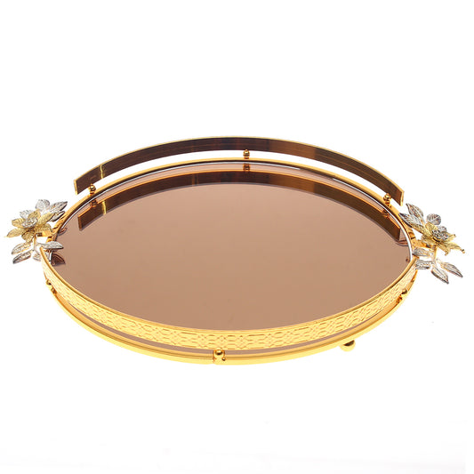 Luxury Vanity Dish – Large Golden Oval Tray with Floral Handles | Decorative Serving & Display Tray (Model 131-1) - Habitt