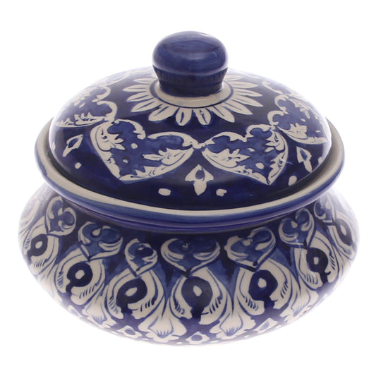 Blue Pottery Handi with Lid – Medium Size Traditional Ceramic Serving Bowl (Multi-Design) - Habitt