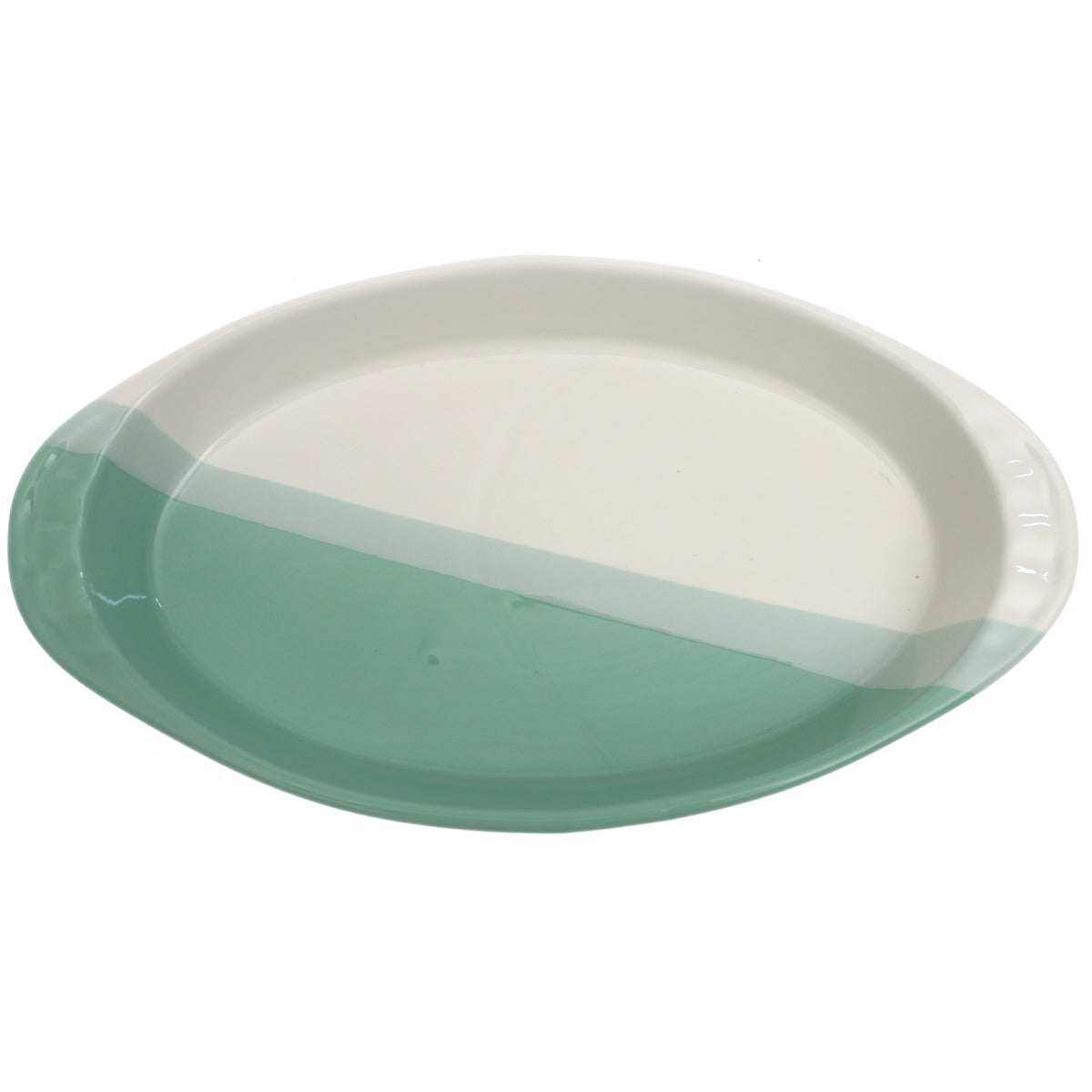 Oval Serving Dish – Green & White Ceramic Platter 6.5 x 12 Inch - Habitt