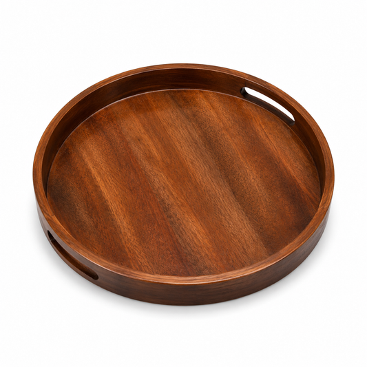 Wooden Serving Tray – Round Mango Wood Tray with Handles | 13 × 13 × 2 in