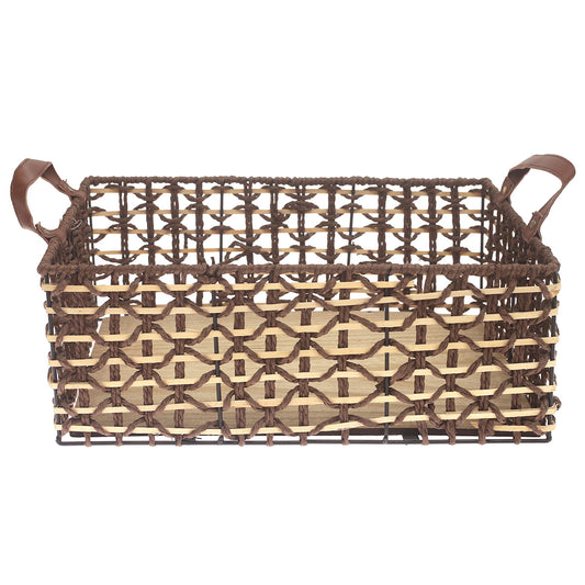 Large Brown Storage Basket – Handwoven Rectangular Organizer with Handles - Habitt