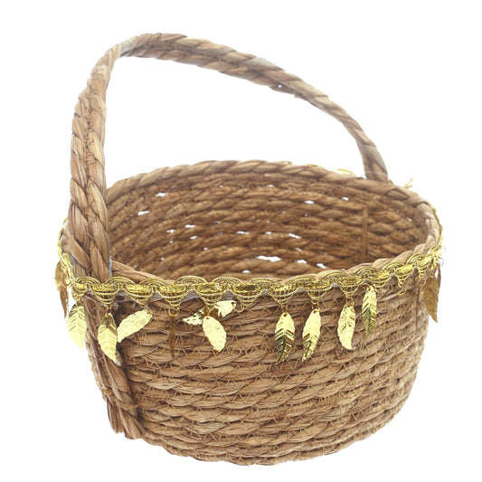 Large Brown Handwoven Storage Basket with Handle & Gold Leaf Accents - Habitt