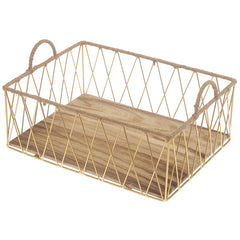 Large Gold Storage Basket with Wooden Base – Modern Metal Organizer - Habitt