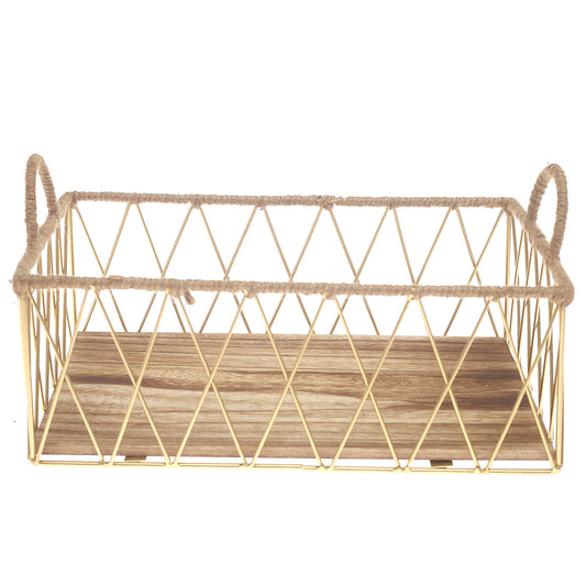 Storage Basket – Medium Gold Metal Wire Basket with Wooden Base & Handles (10 x 14 Inch) - Habitt