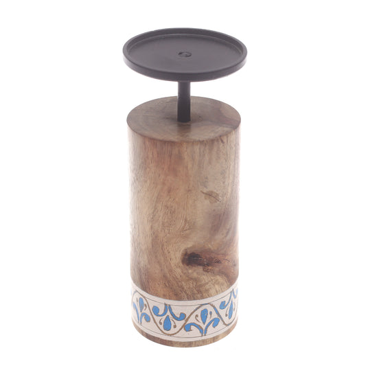 Wooden & Metal Candle Stand Small White & Blue - Habitt