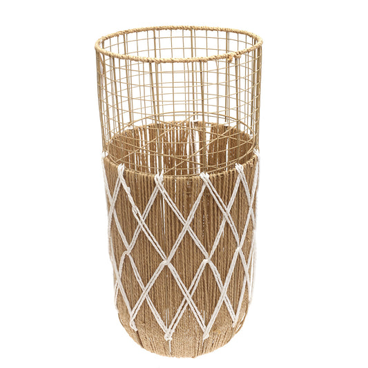 Large White & Natural Metal Wire Vase with Woven Rope Detailing (27 Inch Height) - Habitt