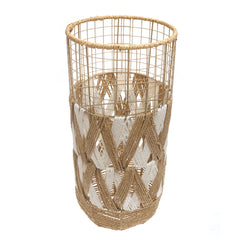 Handwoven Floor Vase – Medium White & Natural Rope Design - Habitt