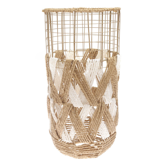 Handwoven Floor Vase – Small White & Natural Rope Design - Habitt