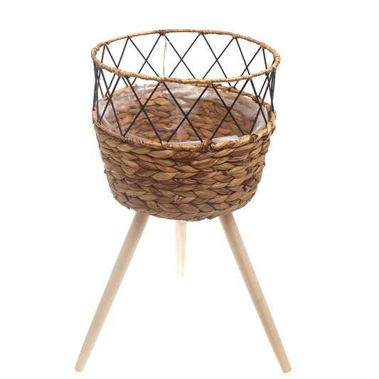 Large Natural Handwoven Planter with Wooden Stand – Open Metal Design | 12 x 12 x 10 Inch - Habitt