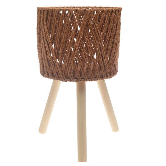 Medium Brown Woven Planter with Wooden Stand – 10 x 8 Inch - Habitt