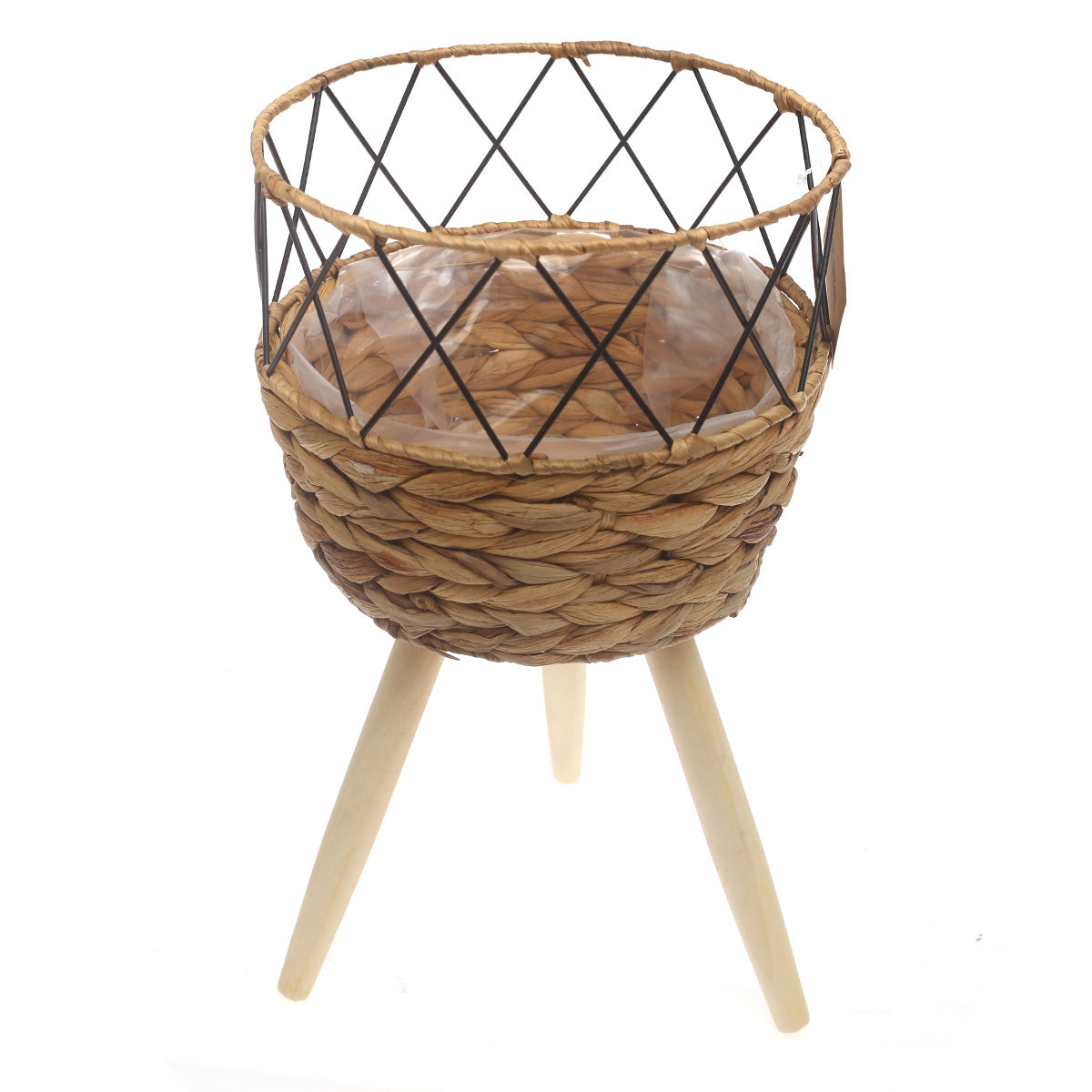 Medium Natural Handwoven Planter with Wooden Stand – Open Metal Design | 10 x 9 Inch - Habitt