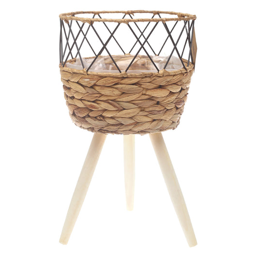 Medium Natural Handwoven Planter with Wooden Stand – Open Metal Design | 10 x 9 Inch - Habitt