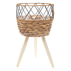 Medium Natural Handwoven Planter with Wooden Stand – Open Metal Design | 10 x 9 Inch - Habitt