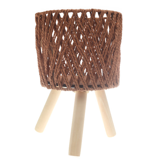 Planter Small BrownSmall Brown Woven Planter with Wooden Stand – 8.5 x 8.5 x 7.5 Inch - Habitt