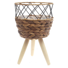 Small Natural Handwoven Planter with Wooden Stand – Open Metal Design | 8 x 8 Inch - Habitt