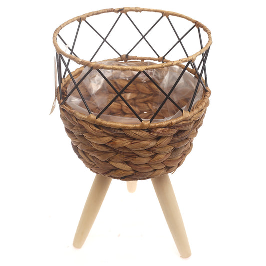 Small Natural Handwoven Planter with Wooden Stand – Open Metal Design | 8 x 8 Inch - Habitt