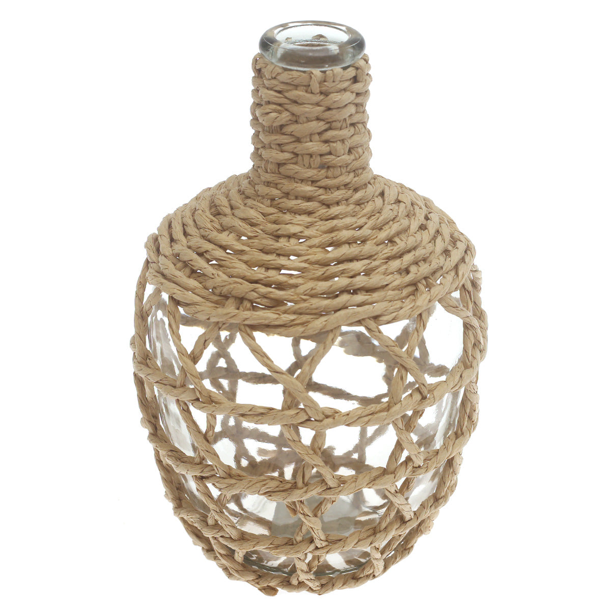 Transparent Glass Vase with Handwoven Natural Fiber Detailing – 10 Inch Height - Habitt