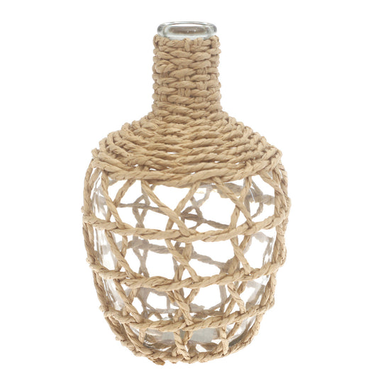 Transparent Glass Vase with Handwoven Natural Fiber Detailing – 10 Inch Height - Habitt