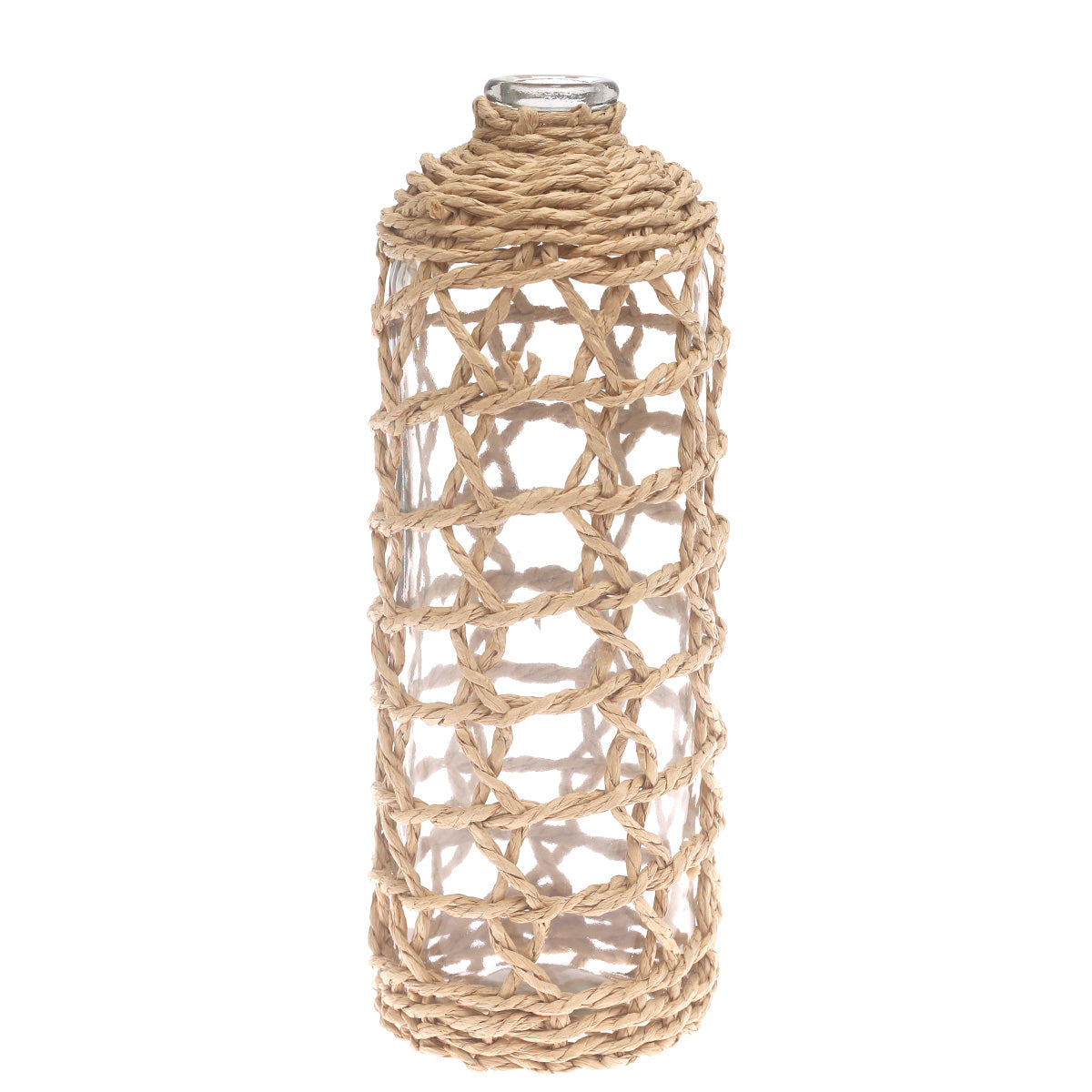 Transparent Glass Vase with Handwoven Natural Fiber Wrap – 13 Inch Height - Habitt