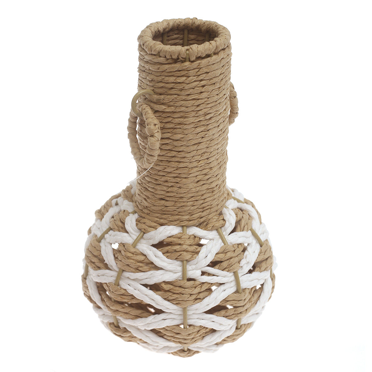 White & Natural Handwoven Decorative Vase with Rope Detailing – 10 Inch Height - Habitt