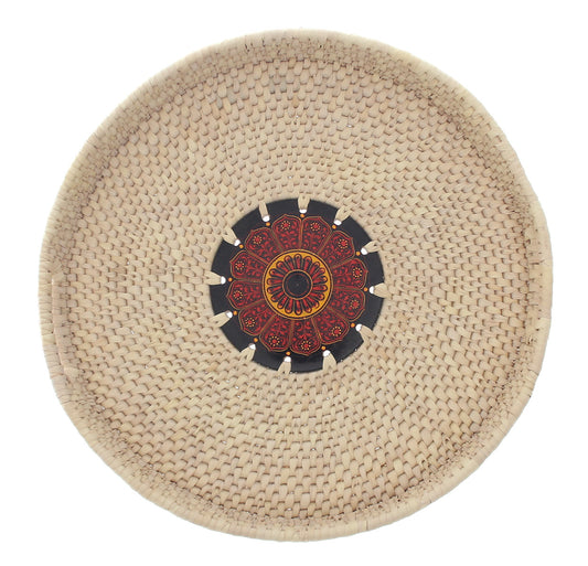 Handwoven Round Basket with Red Mandala Design – Natural Storage & Serving Tray (2.5x14 in) - Habitt